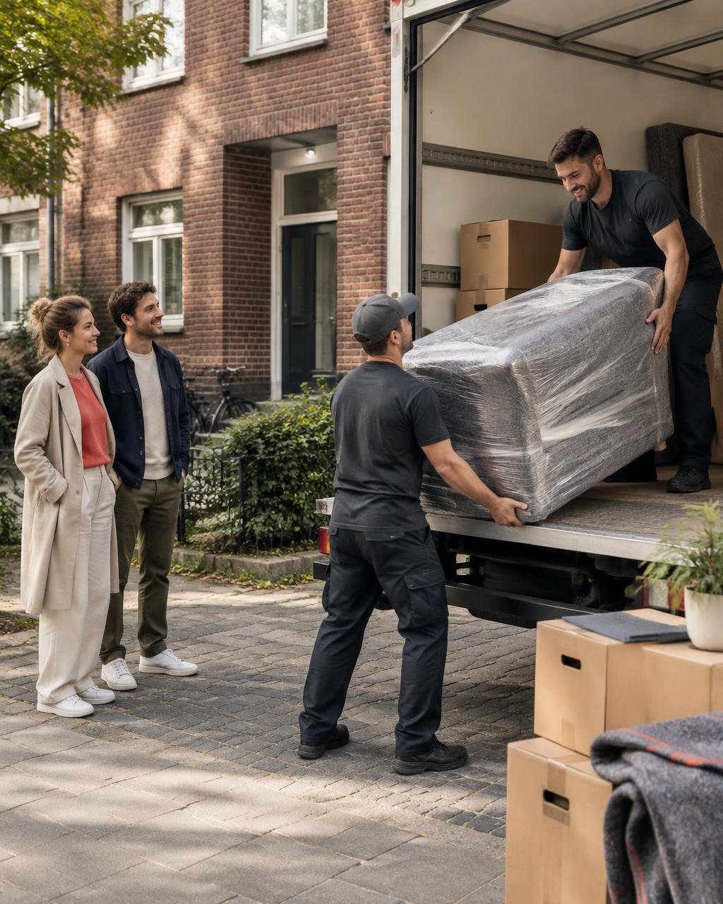 Vorbereiteter Umzugstag mit Umzugshelfern und Möbeltransport