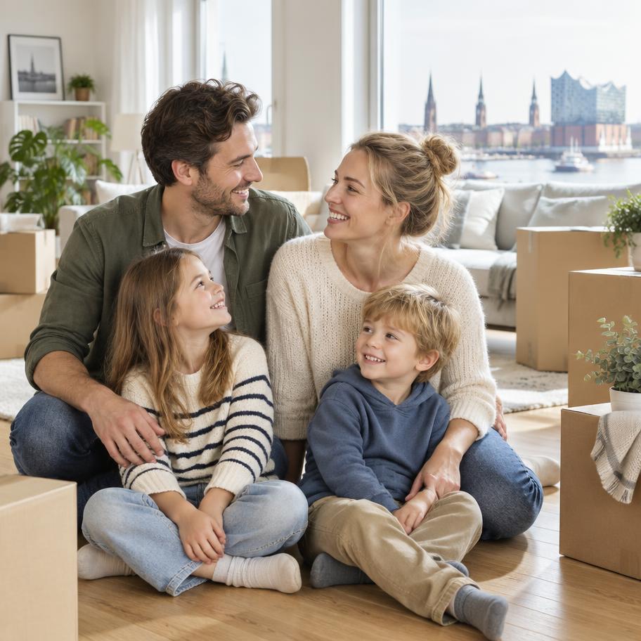 Familie in ihrem neuen Zuhause in Hamburg